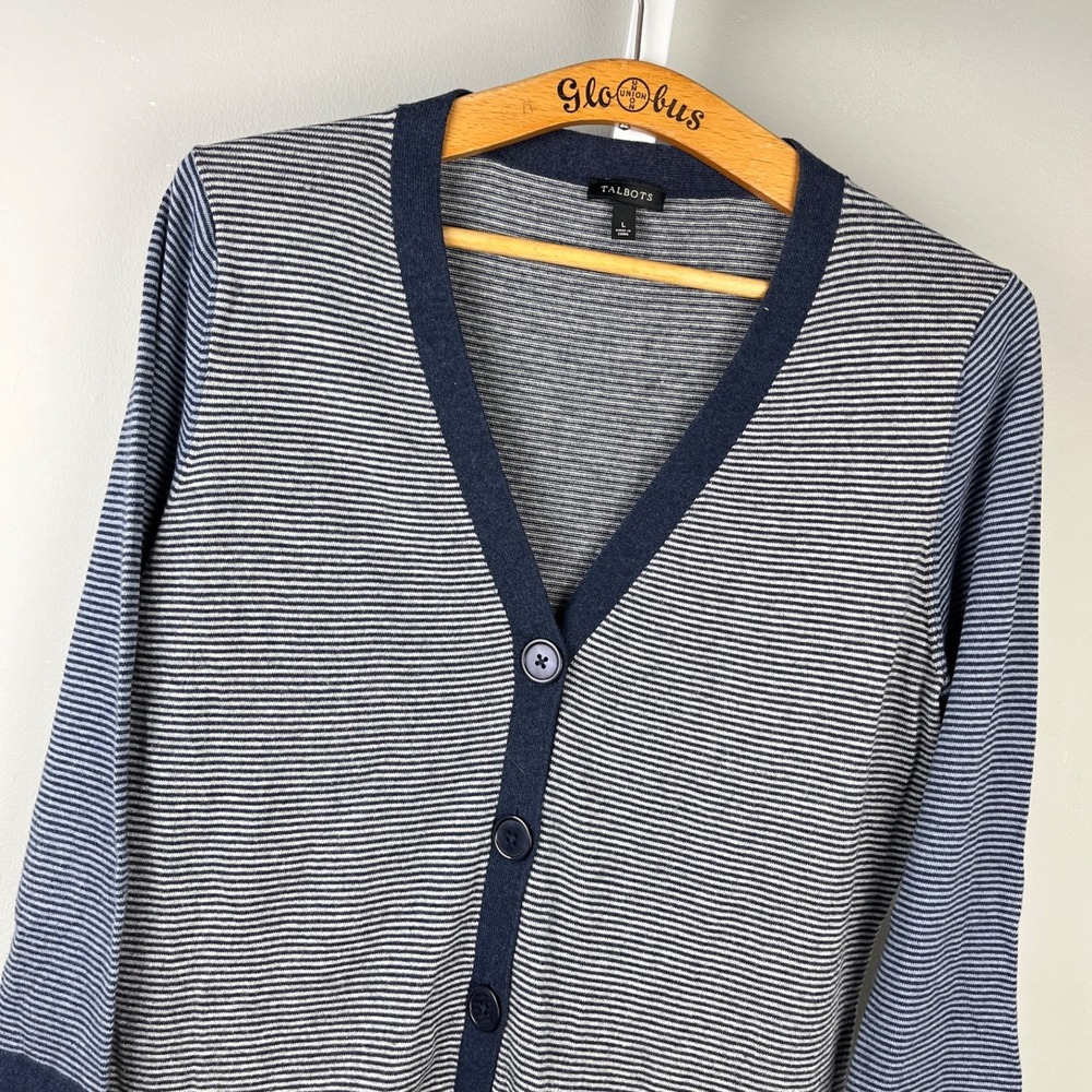 Talbots Cardigan Sweater Womens L Blue Gray‎ Stripe Button Up Preppy Casual